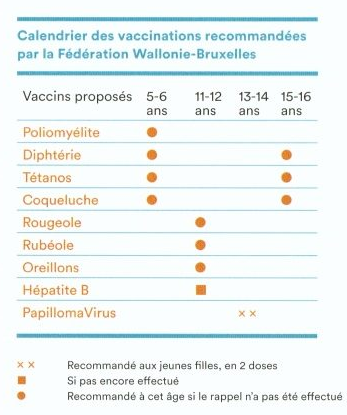Calendrier des vaccinations recommandées par la Fédération Wallonie-Bruxelles